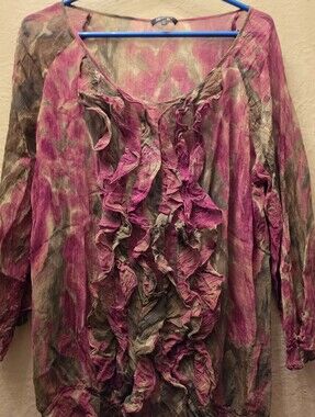 Anne Klein 100% Silk Ruffle Blouse XL Pink Floral Sheer Top